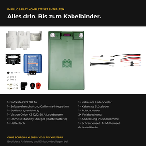 Lieferumfang CALIFAKTUR Lithium-Paket VW California T6.1 170 Ah: SaftkistePRO 170 Ah, Softwarefreischaltung, Victron Orion XS 12/12-50 A Ladebooster, Dometic Standby Charger, Halteblech, Kabelsätze, Poladapter und Montagematerial