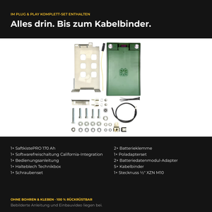 Lieferumfang CALIFAKTUR Lithium-Paket VW California T7 Beach Tour 170 Ah: SaftkistePRO 170 Ah, Softwarefreischaltung, Halteblech Technikbox, Batterieklemmen, Poladapterset, Batteriedatenmodul-Adapter, Schraubenset, Stecknuss und Kabelbinder