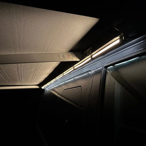 LED awning lighting installed on a VW California van at night