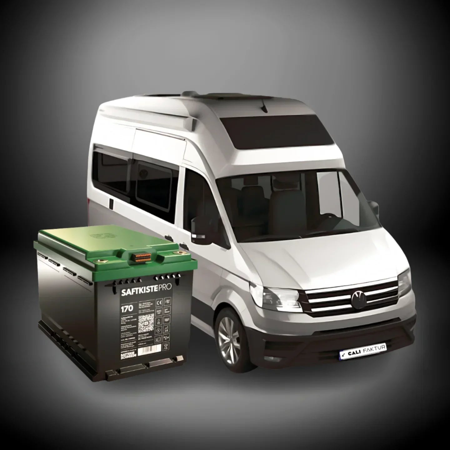 Lithium 170Ah battery pack next to white VW Grand California camper van, isolated background