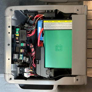 VW California T6.1 seat compartment with LiFePO4 170Ah battery and electrical wiring installed