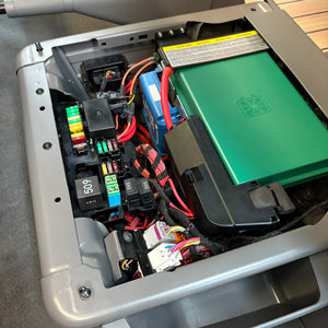 VW California T6.1 battery compartment with LiFePO4 170Ah solar battery and fuses installed