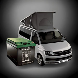 VW California camper van with rooftop tent and 170Ah LiFePO4 battery pack for solar system