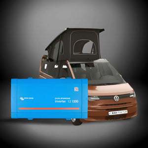 Victron Phoenix 12 1200 inverter in front of brown VW California T7 camper with pop-up roof