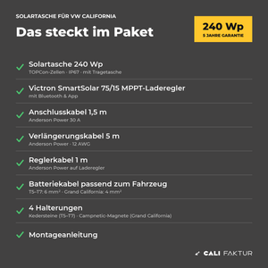 Lieferumfang CALIFAKTUR Solartasche 240 Wp für VW California: Victron MPPT-Laderegler, Kabel, Halterungen, Anleitung