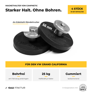 Campnetic Magnethalter für die CALIFAKTUR Solartasche am VW Grand California, bohrfrei mit 25 kg Haftkraft je Halter