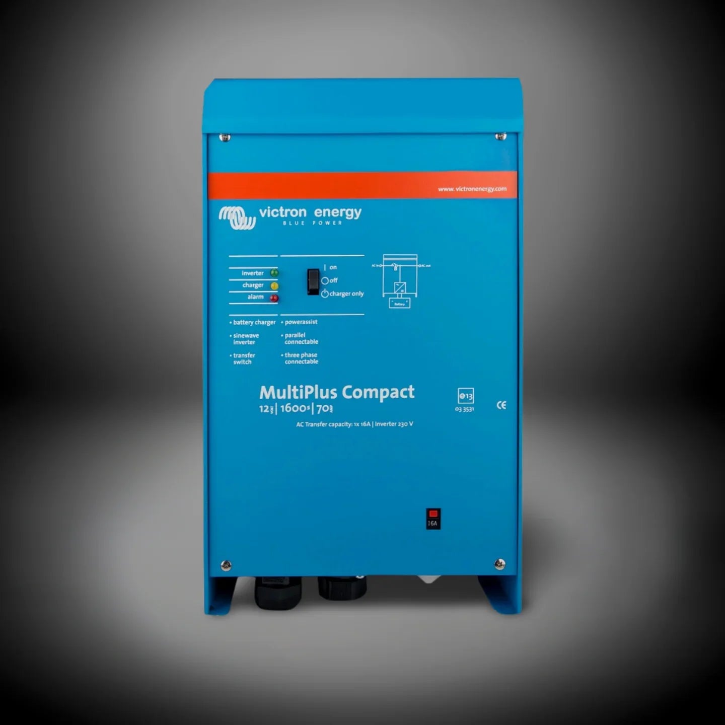 Victron MultiPlus Compact blue inverter charger for camper solar power systems, frontal view