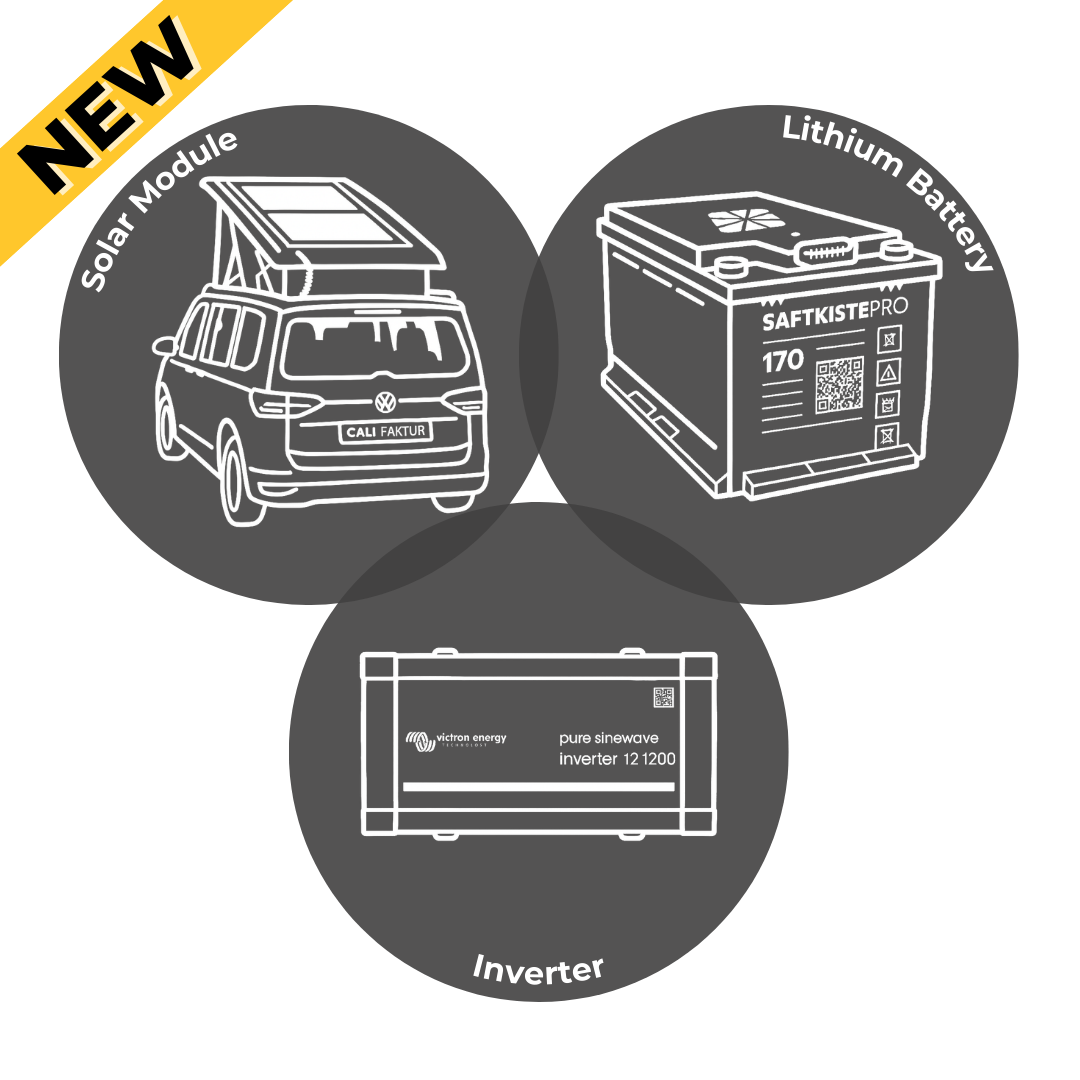 Drei Hauptkomponenten des CALIFAKTUR AutarkiepaketPRO: VW California mit CALIFAKTUR Solarmodul, SaftkistePRO Lithiumbatterie und Victron Wechselrichter – flexibel kombinierbar für maximale Autarkie.