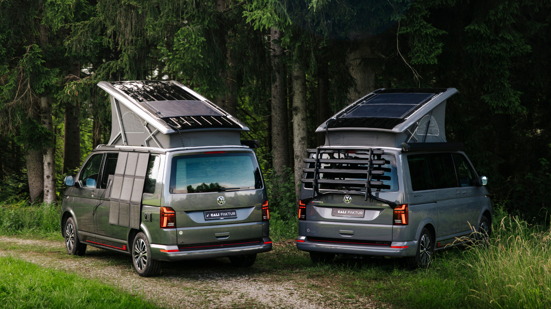 Zwei VW California T6.1 mit je CALIFAKTUR Solarmodulen auf dem Dach in der Natur