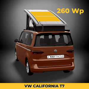 VW California T7 with 260Wp solar module installed on pop-up roof, rear view.