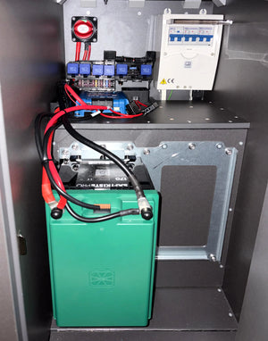 Nahaufnahme der Grand California Califaktur Lithium 170Ah SaftkistePRO, die die Montage im Grand California Wohnmobil zeigt. Diese Batterie bietet eine hohe Kapazität von 170 Ah für die Stromversorgung im Fahrzeug.