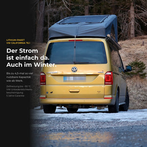 VW California T6.1 im Winter mit CALIFAKTUR Lithium-Paket SaftkistePRO 170 Ah – bis zu 4,5-mal so viel nutzbare Kapazität wie ab Werk, Zellheizung bis −30 °C, VW-Unbedenklichkeitsbescheinigung, 5 Jahre Garantie