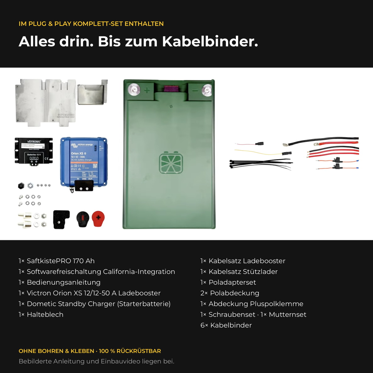 Lieferumfang CALIFAKTUR Lithium-Paket VW California T6.1 170 Ah: SaftkistePRO 170 Ah, Softwarefreischaltung, Victron Orion XS 12/12-50 A Ladebooster, Dometic Standby Charger, Halteblech, Kabelsätze, Poladapter und Montagematerial
