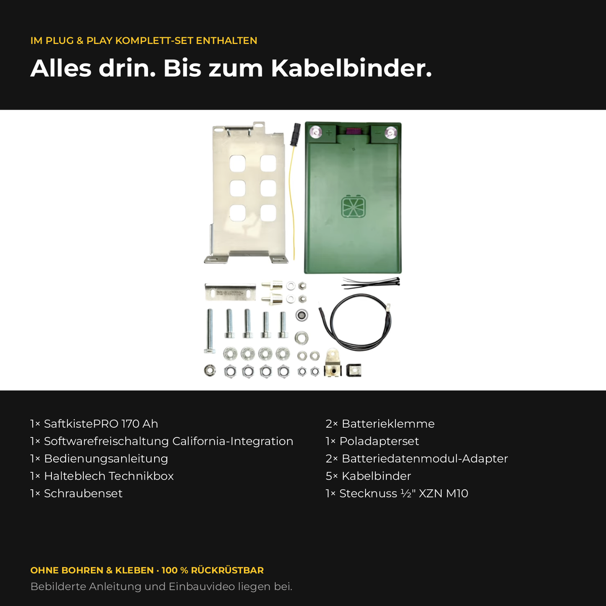 Lieferumfang CALIFAKTUR Lithium-Paket VW California T7 Beach Tour 170 Ah: SaftkistePRO 170 Ah, Softwarefreischaltung, Halteblech Technikbox, Batterieklemmen, Poladapterset, Batteriedatenmodul-Adapter, Schraubenset, Stecknuss und Kabelbinder