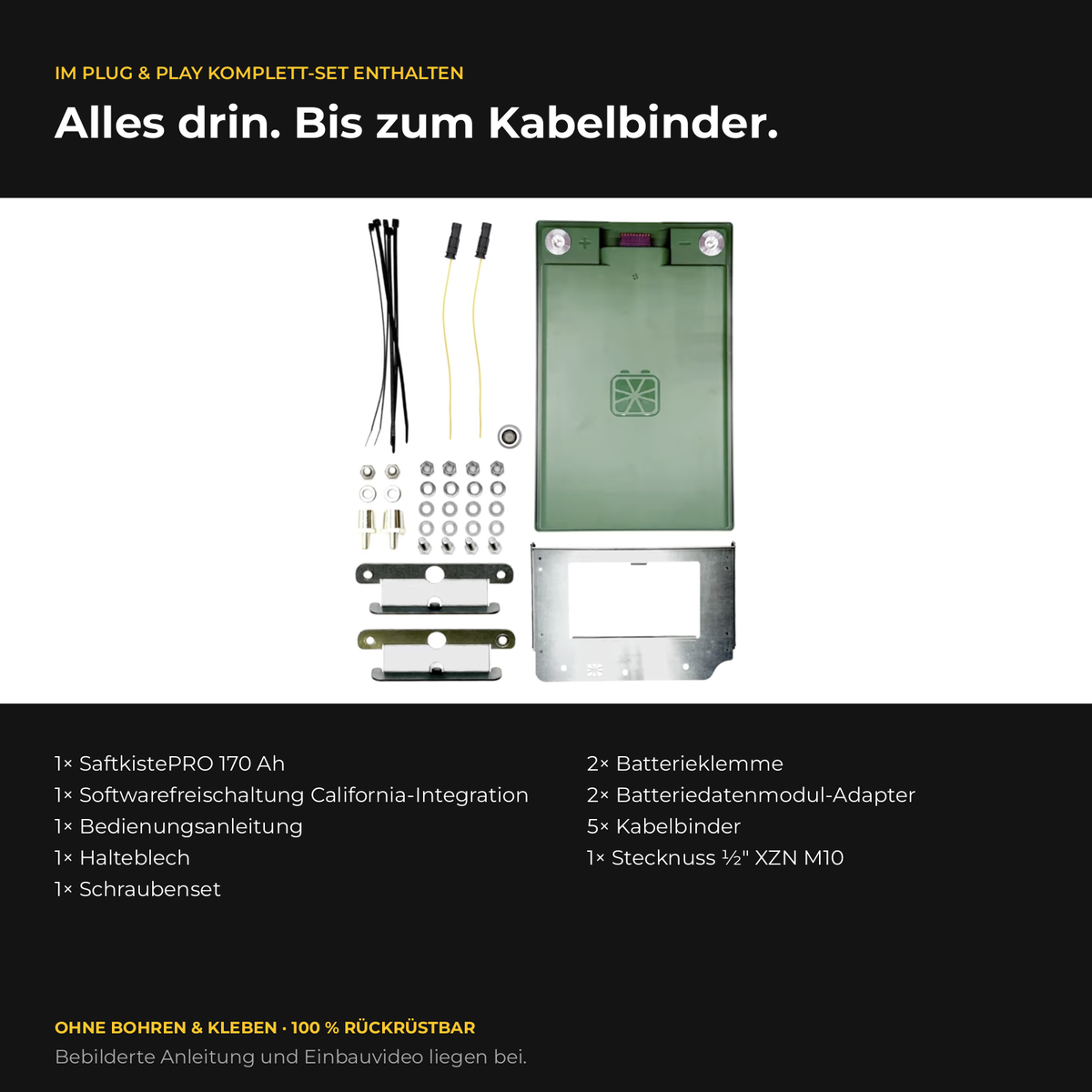 Lieferumfang CALIFAKTUR Lithium-Paket VW California T7 Ocean Coast 170 Ah: SaftkistePRO 170 Ah, Softwarefreischaltung, Halteblech, Batterieklemmen, Batteriedatenmodul-Adapter, Schraubenset, Stecknuss und Kabelbinder