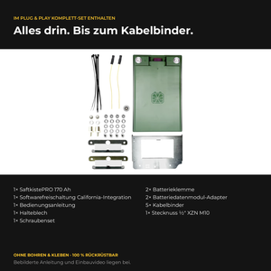 Lieferumfang CALIFAKTUR Lithium-Paket VW California T7 Ocean Coast 170 Ah: SaftkistePRO 170 Ah, Softwarefreischaltung, Halteblech, Batterieklemmen, Batteriedatenmodul-Adapter, Schraubenset, Stecknuss und Kabelbinder