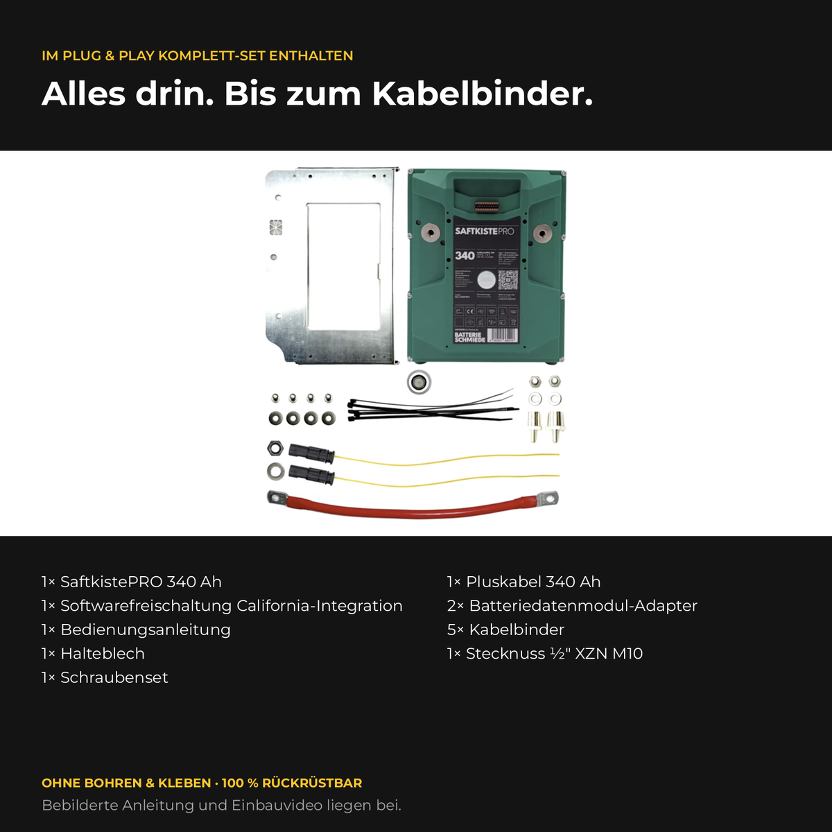 Lieferumfang CALIFAKTUR Lithium-Paket VW California T7 Ocean Coast 340 Ah: SaftkistePRO 340 Ah, Softwarefreischaltung, Halteblech, Pluskabel, Batteriedatenmodul-Adapter, Schraubenset, Stecknuss und Kabelbinder