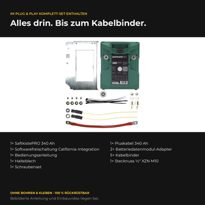 Lieferumfang CALIFAKTUR Lithium-Paket VW California T7 Ocean Coast 340 Ah: SaftkistePRO 340 Ah, Softwarefreischaltung, Halteblech, Pluskabel, Batteriedatenmodul-Adapter, Schraubenset, Stecknuss und Kabelbinder