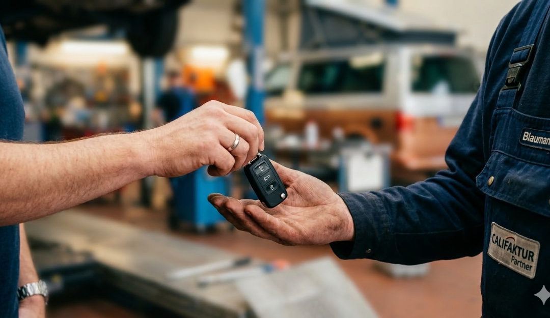 Übergabe Autoschlüssel an zertifizierte und kompetente CALIFAKTUR Partnerwerkstätte.