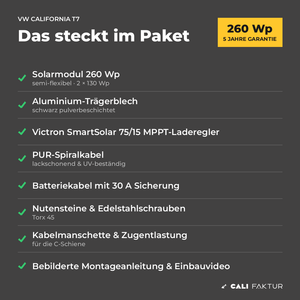 Lieferumfang CALIFAKTUR Solarmodul für VW California T7 – 260 Wp Modul, Trägerblech, Victron-Laderegler, Kabel, Schrauben, Anleitung