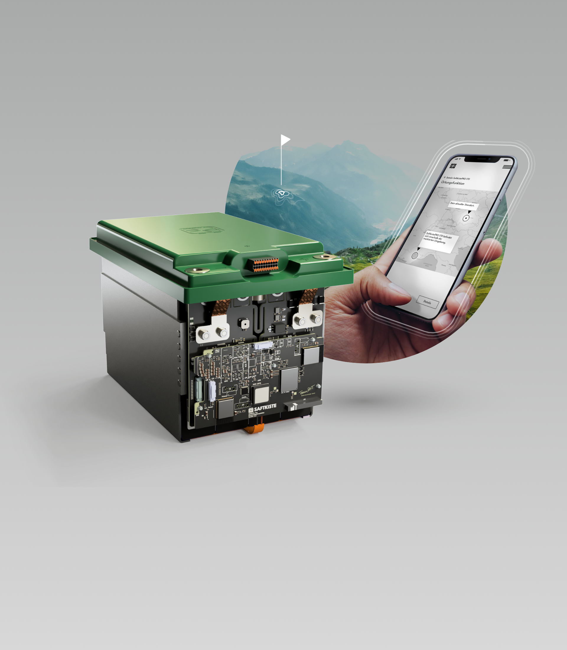 CALIFAKTUR AutarkiepaketPRO SaftkistePRO Lithiumbatterie mit integrierter Ortungsfunktion und Geofencing; Smartphone zeigt Standortüberwachung per App für erhöhte Diebstahlsicherheit im VW California.