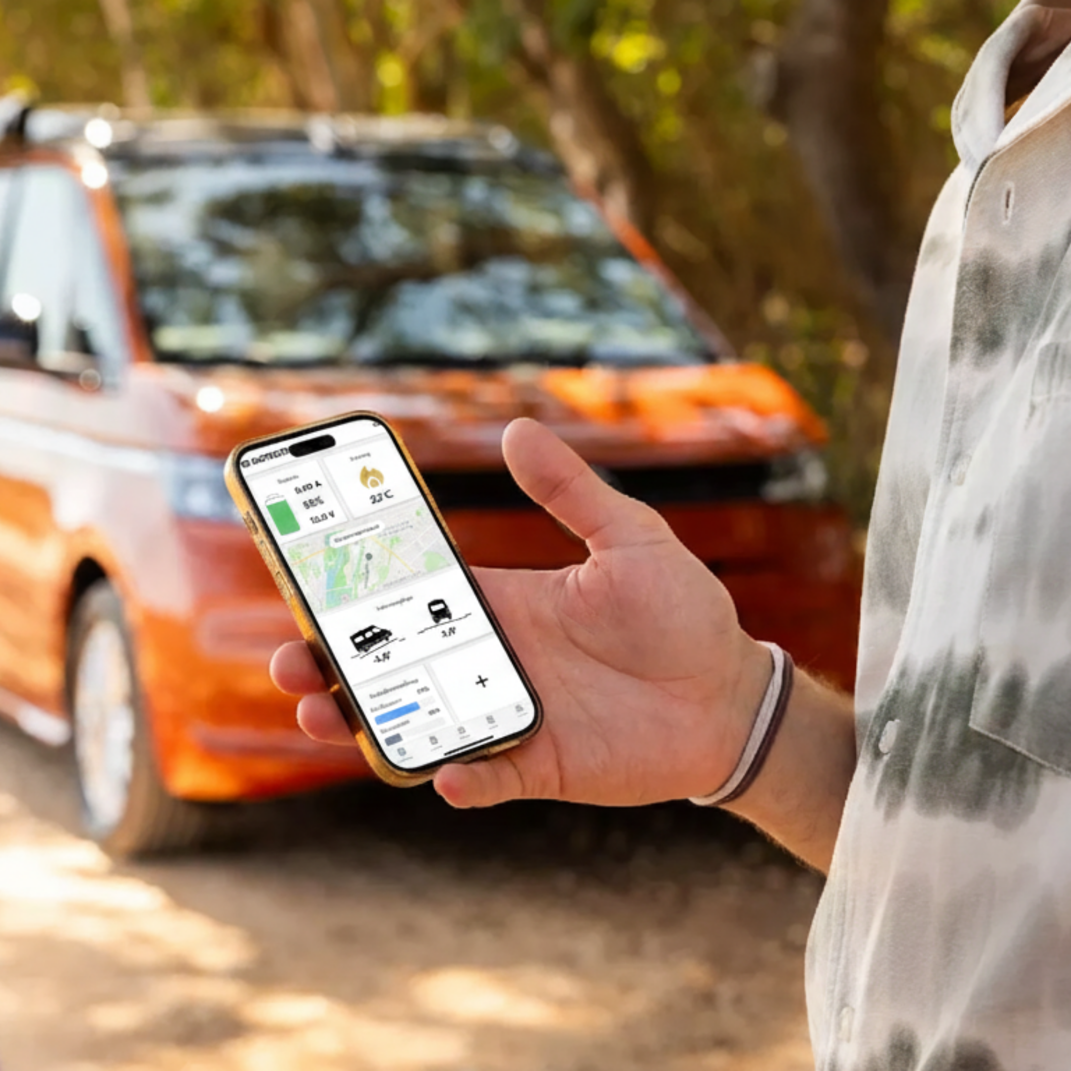 Smart‑Home‑Steuerzentrale von CALIFAKTUR für den VW California: Person bedient die App, orangefarbener Camper im Hintergrund; Anzeige von Energieflüssen, Batteriestatus und Solarertrag; Fernzugriff via Bluetooth/LTE mit eSIM, Geofencing und Ortung.