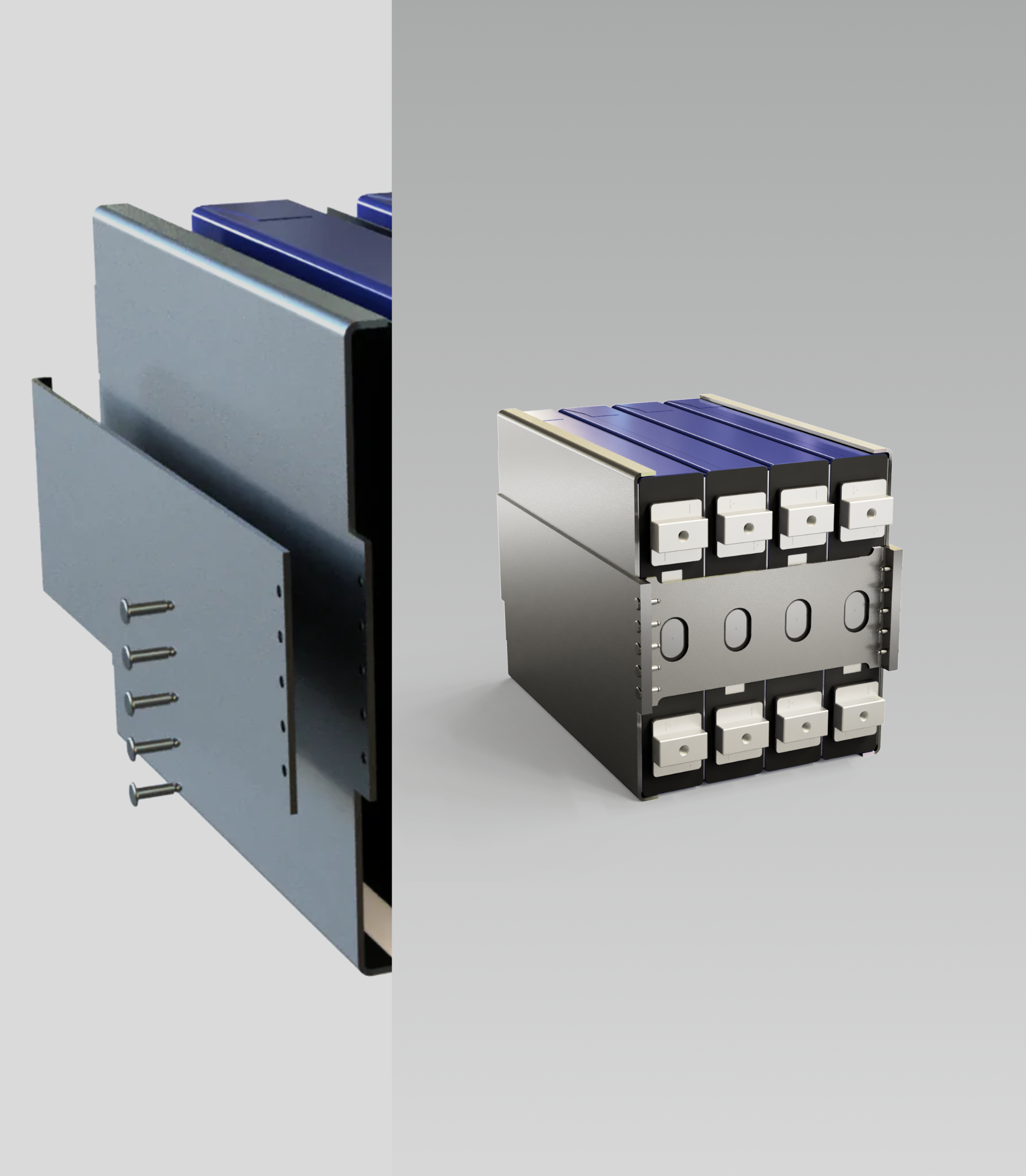 CALIFAKTUR AutarkiepaketPRO SaftkistePRO Kompressionszellmodul mit Metall-Caging und Poron®-Zwischenlagen; sichtbare Sicherheitsventile, 3D-Ansicht des Zellpacks – Made in Germany, IP67, DualBMS®.